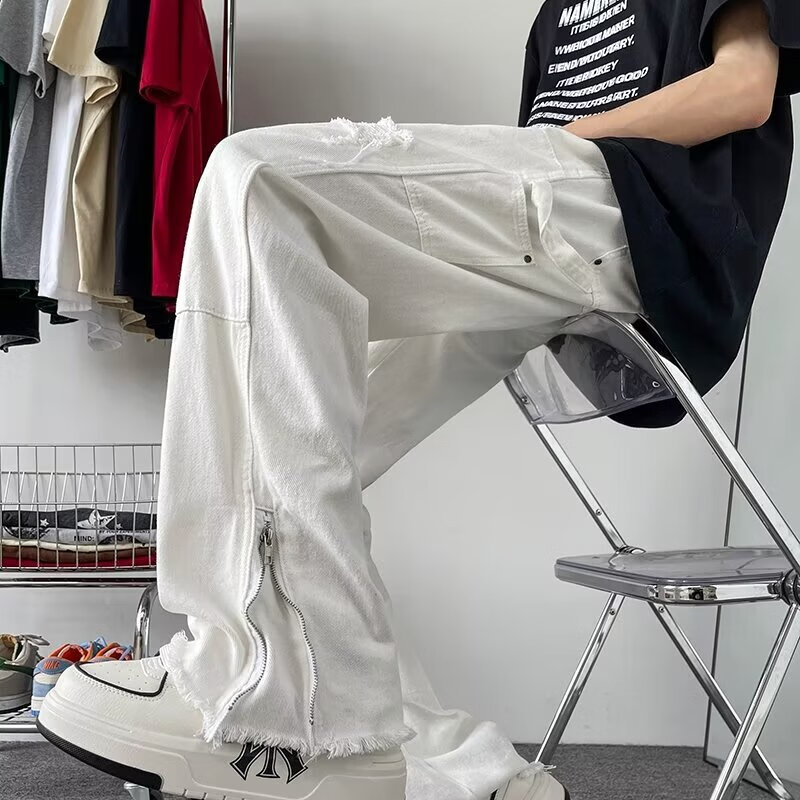 迪伽达裤子男春秋修身牛仔裤男美式vibe长裤痞帅开叉直筒休闲微喇裤男装 CHFS-C1062白色 常规 S 【建议90-105斤】