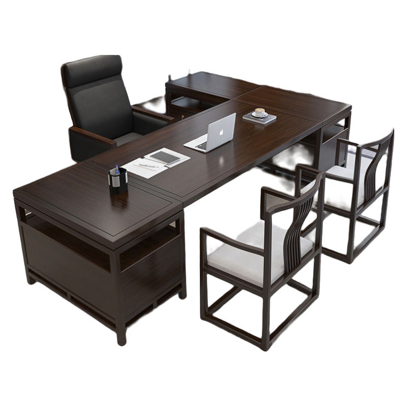 荟兰轩 办公桌 新中式大班台总裁总经理办公桌实木老板桌乌金木书柜组合定制 办公桌200*90*75(白蜡木)