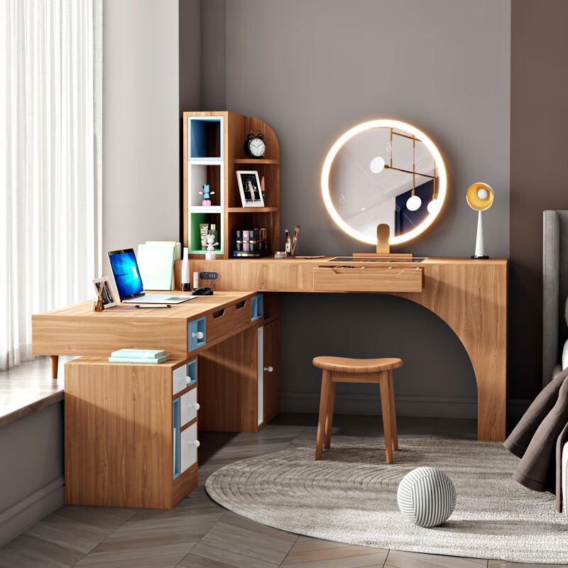 梓桦实木飘窗梳妆台北欧卧室床头收纳柜一体转角书桌书柜日式化妆台桌