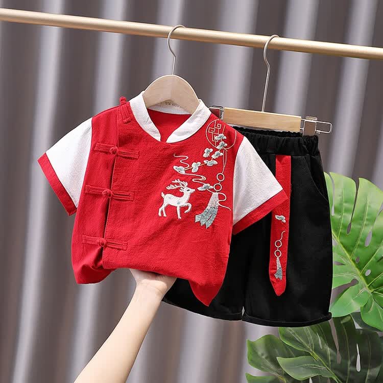 楚歌质优品男童汉服夏中国风短袖薄款古装表演服两件套小童古风衣服儿童唐装 红色 110cm怎么看?