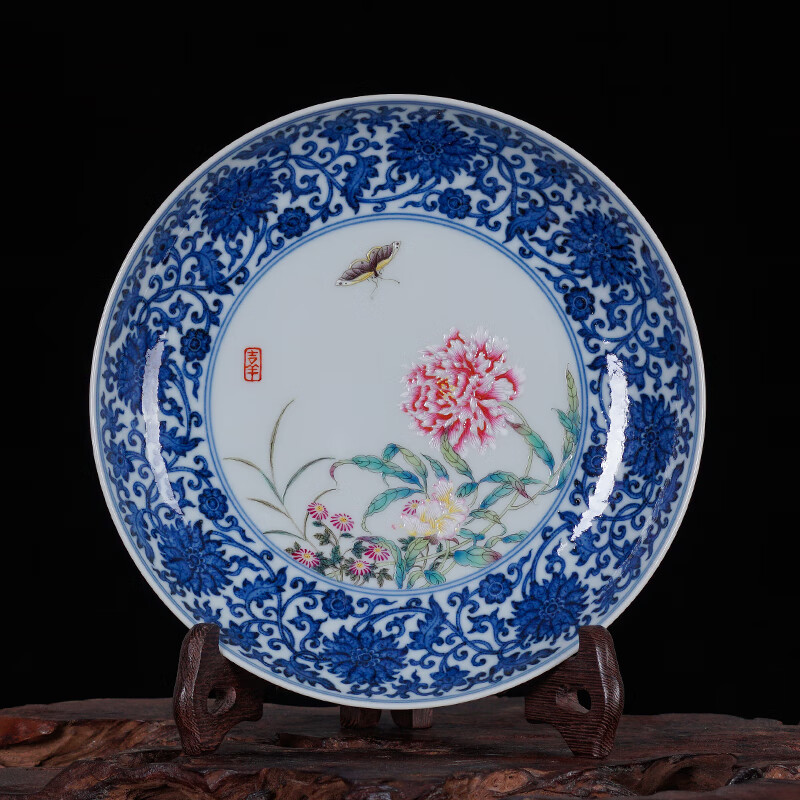 澳颜莱景德镇陶瓷器挂盘装饰盘子  手绘富贵蝶恋花装饰工艺瓷盘 家居