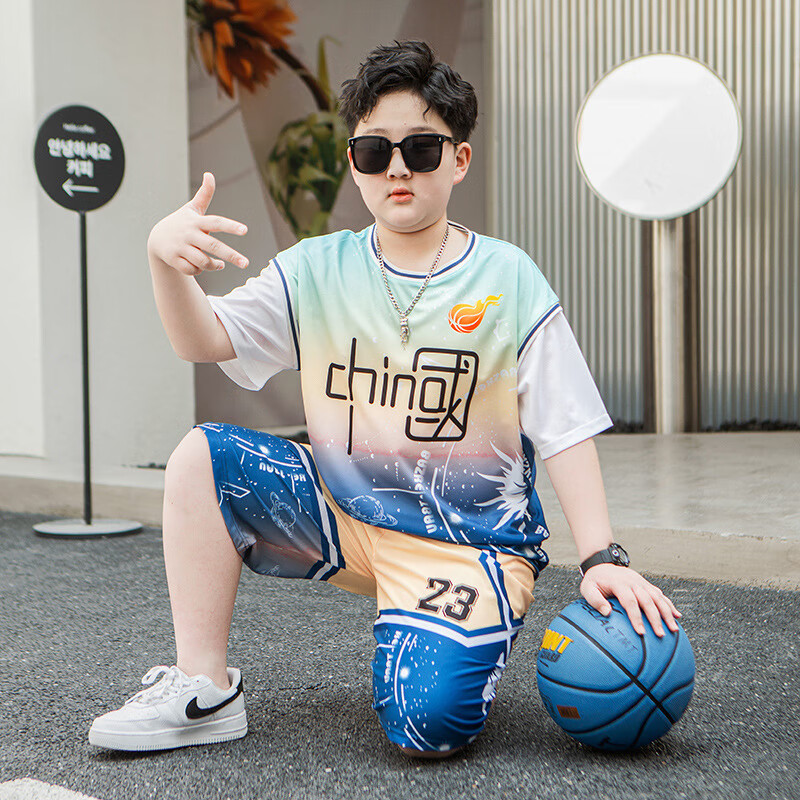 贞溪胖童短袖套装宽松速干加肥大码男童篮球服中大童男孩假两件t 图片