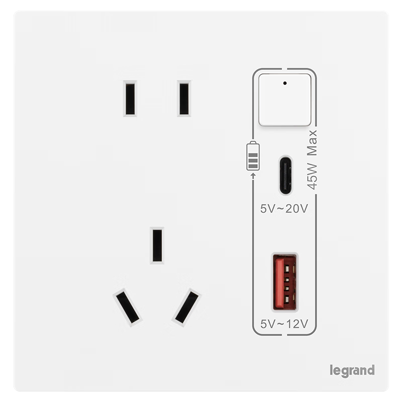 罗格朗（LEGRAND）开关插座面板仕典Plus陶瓷白五孔带双控开关家用空调86型电源插座 五孔带USB+Type-C接口(45W快充)