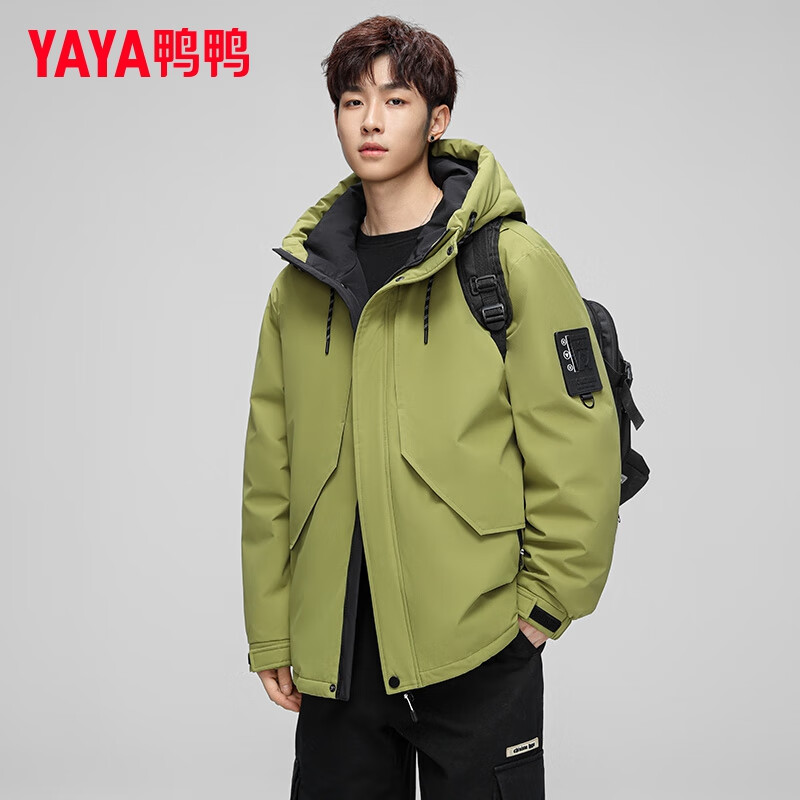 鸭鸭羽绒服男短款2024年冬季新款加厚户外冲锋连帽工装青年潮流外套 黑色 180/XL
