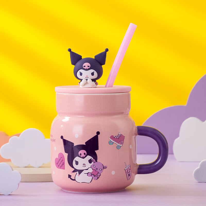 HELLO KITTY（凯蒂猫）库洛米马克杯带盖吸管陶瓷杯家用美乐蒂水杯子女卡通可爱儿童礼物 Kuromi 库洛米名趣杯