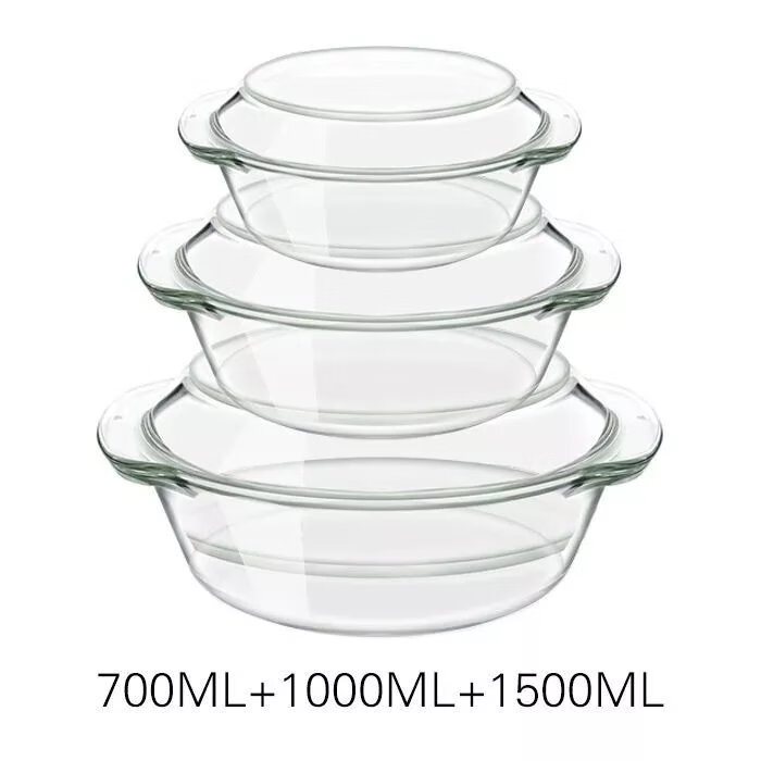 【精选直发】水晶煲泡面碗玻璃碗带盖微波炉专用碗烤箱耐高温汤碗 700+1000+1500ML
