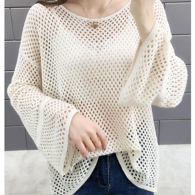 观瑜大码单/两件套秋夏季冰丝针织罩衫喇叭网衫上衣洞洞薄款女装 白色