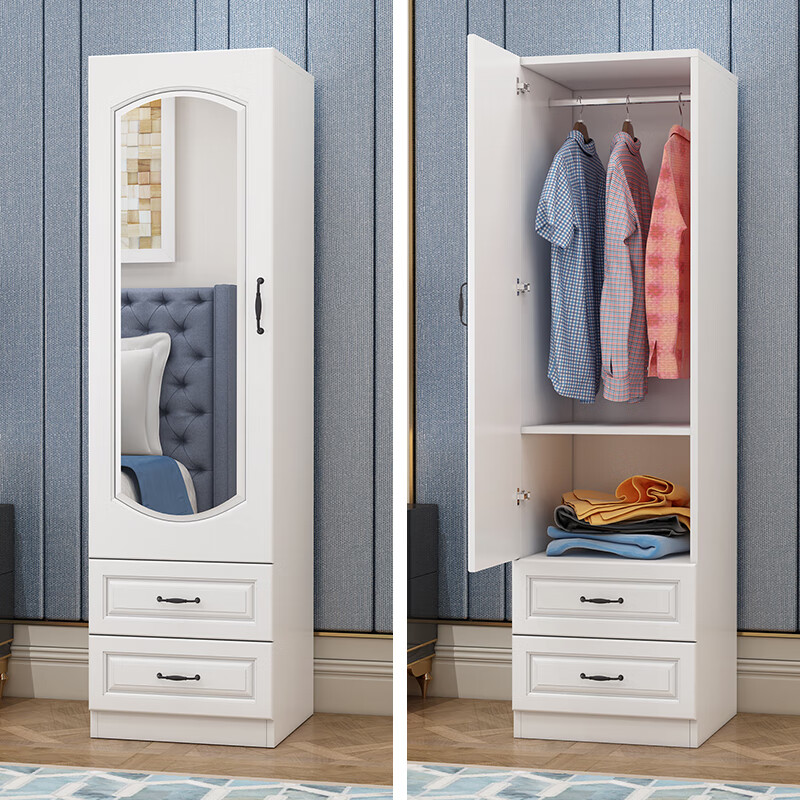 vlex小型衣柜带镜子一体现代简约穿衣镜储物柜卧室试衣镜白色超窄收纳