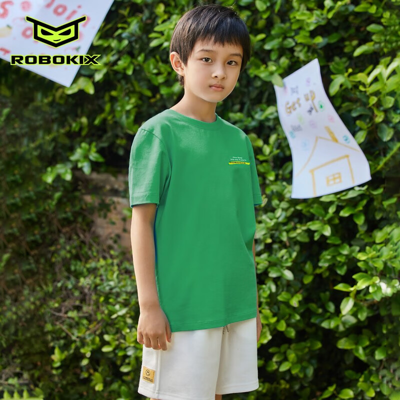 robokix夏季新款儿童短袖t恤圆领休闲深绿色凉感冰瓷棉亲肤 深绿色