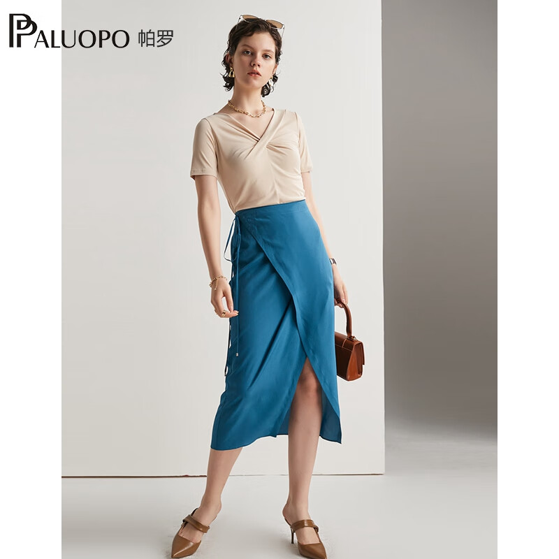 帕罗（PALUOPO）纯色莫代尔v领短袖t恤女交叠领打底衫夏季新款上装性感半袖衣服 米色 M (160/84A)