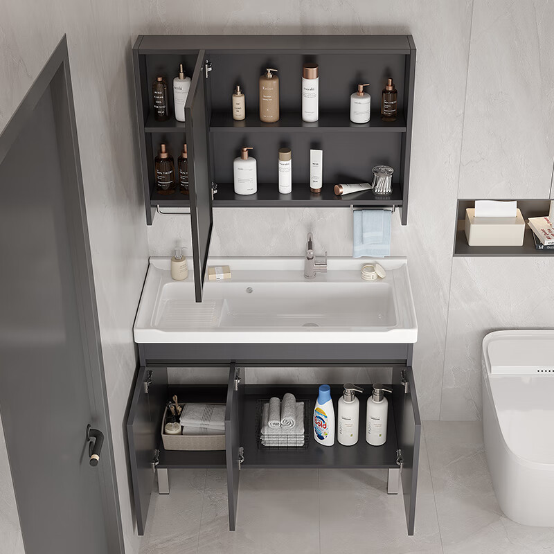 创京懿选浴室柜带搓衣板不锈钢洗衣柜组合阳台陶瓷洗衣盆带搓衣板洗衣槽洗 灰60洗衣柜全套