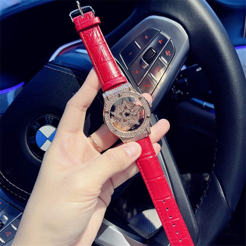 三达五芒星手表女士时来运转轻奢小众雪花女神送礼高级感明星同款腕表 银壳白皮带【镶钻五芒星】