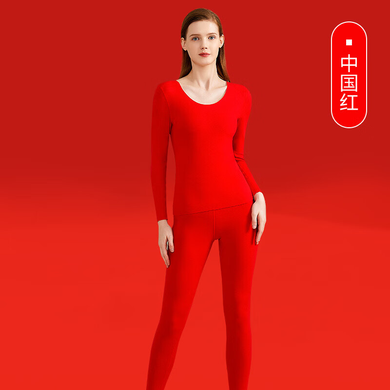 佧森滋德绒羊绒保暖内衣本命年男女大红保暖套装结婚红色秋衣秋裤套 女士套装 M
