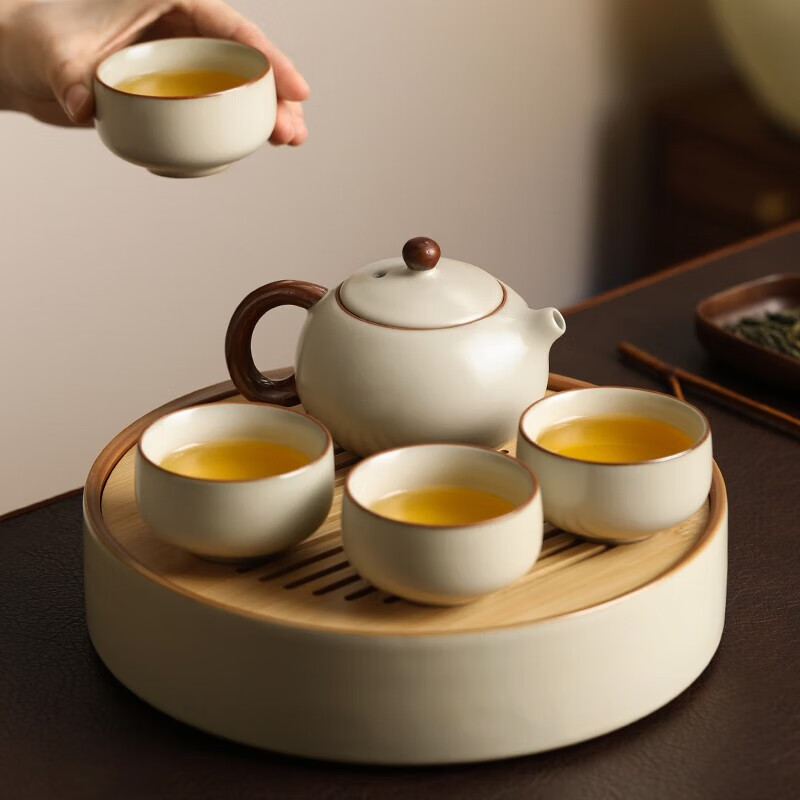 尚言坊米黄汝窑功夫茶具整套带茶盘家用陶瓷单人茶具三件套茶壶小套装 2西施壶(四杯版)+茶盘