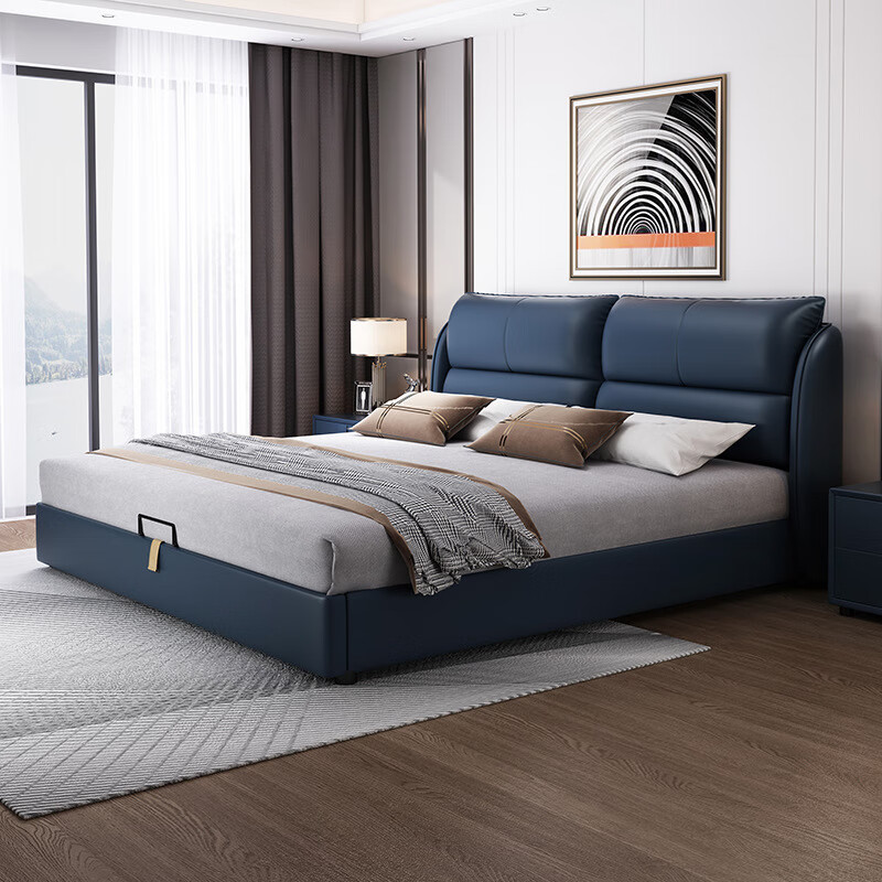 8m双人床北欧婚床意式轻奢储物实木主卧大软包 藏蓝色【单床】纳帕皮