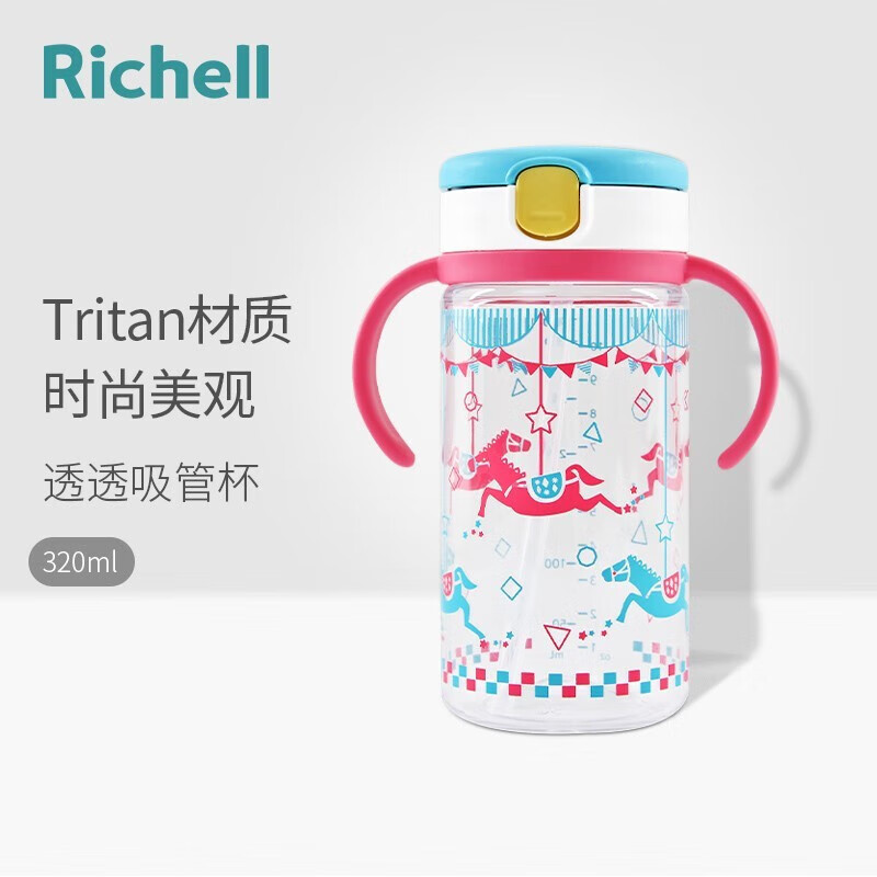 利其尔（Richell）儿童Tritan吸管杯宝宝透透杯带手柄婴儿饮水杯 梦幻乐园 320ml