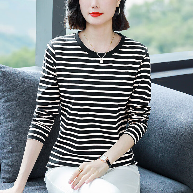 大码衣服女装妈妈40-50岁长袖纯棉t恤女中老年春秋冬装条纹打底衫 灰色 5XL 码建议【181-200斤】