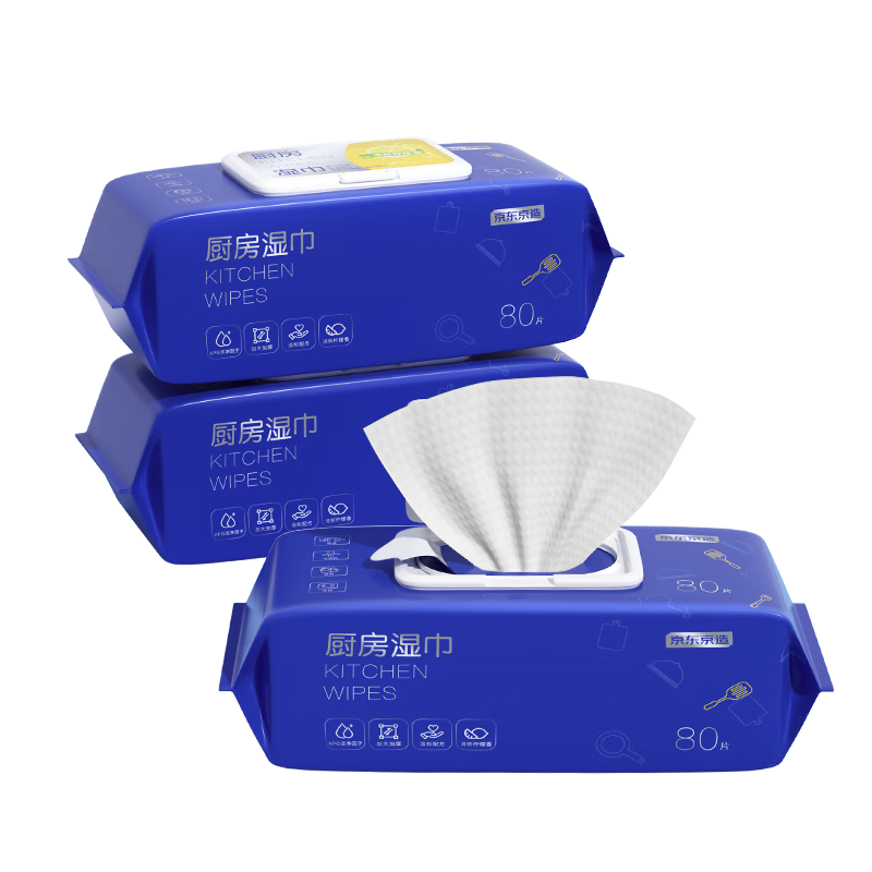 京东京造厨房湿巾纸80抽*3包 家用卫生清洁去油去污擦吸油烟机湿纸巾