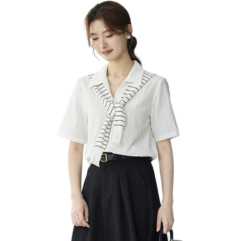 茵曼（INMAN）全棉舒適通勤短袖襯衣女2024夏季法式氣質(zhì)V領(lǐng)時尚休閑襯衫 月牙白 S