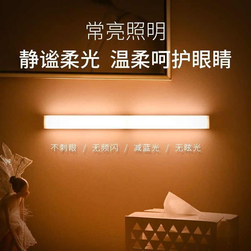 小夜灯LED磁吸人体感应长条灯现代简约衣橱柜感应灯免布线充电式 暖光50厘米【开关+常亮+感应】 磁吸感应灯【2个装】