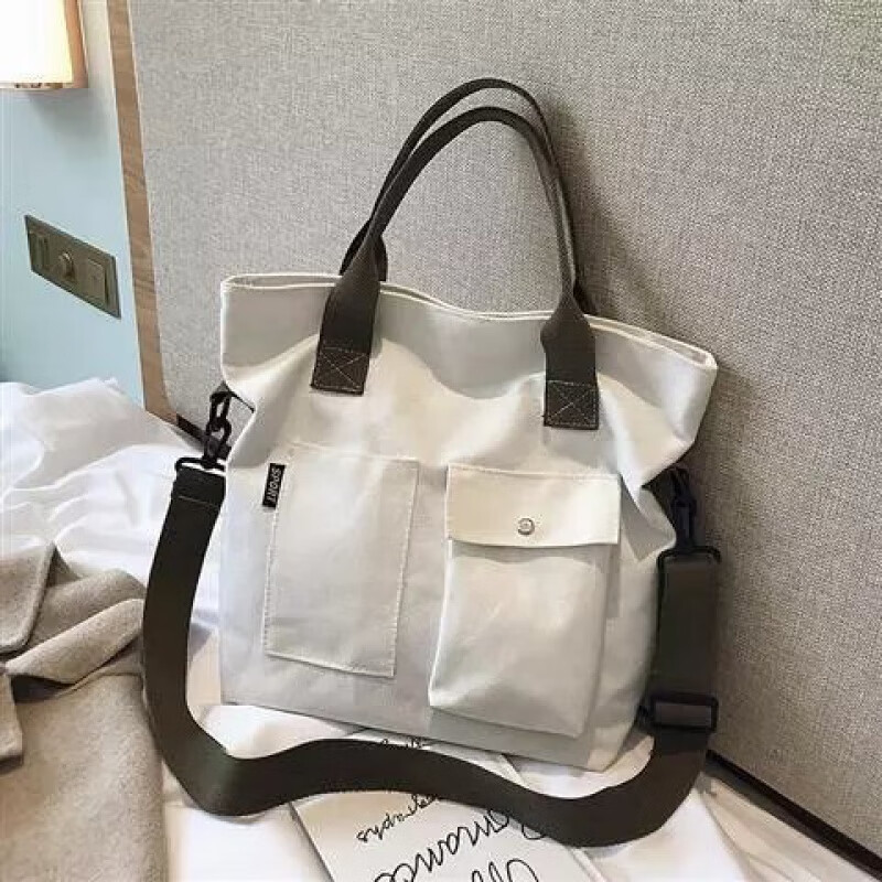 【精选】洋气帆布包大包包女2023新款潮韩版百搭斜挎包大容量单肩 白色(无挂件)