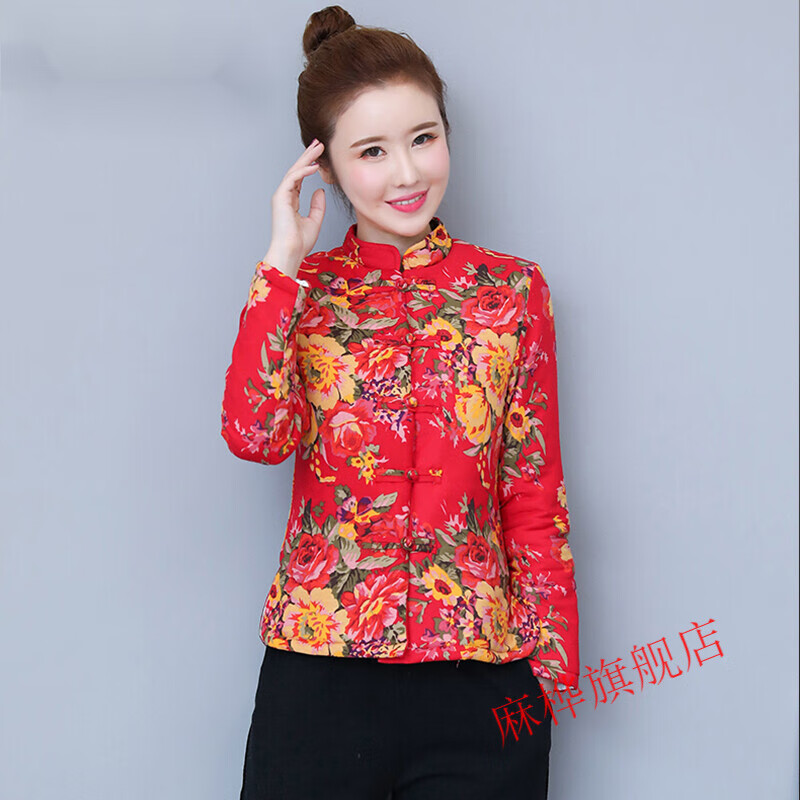 冈蹈冬季女式弍穿的拜年服东北大花袄复古盘扣小棉袄女短款民族风棉麻