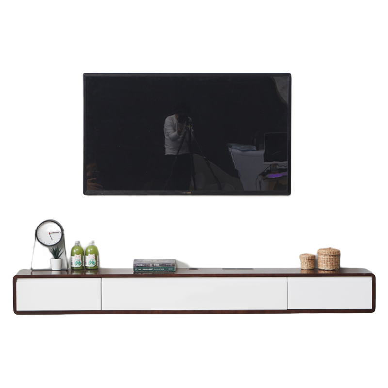 电视柜北欧壁挂式挂墙现代简约实木悬挂式超薄灯带吊柜客厅大户型 胡桃色+白门 1.2米