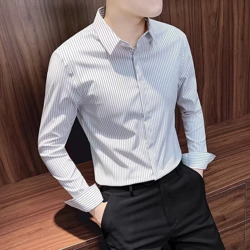 卡柏奇条纹男士衬衫长袖新款商务秋装上衣修身衬衣男 白色chang袖 M