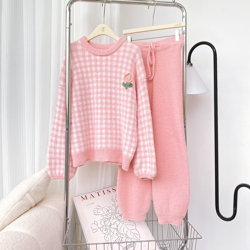 睡衣女秋冬季花朵刺绣日系少女加厚保暖毛线绒软绵绵家居服 粉红色