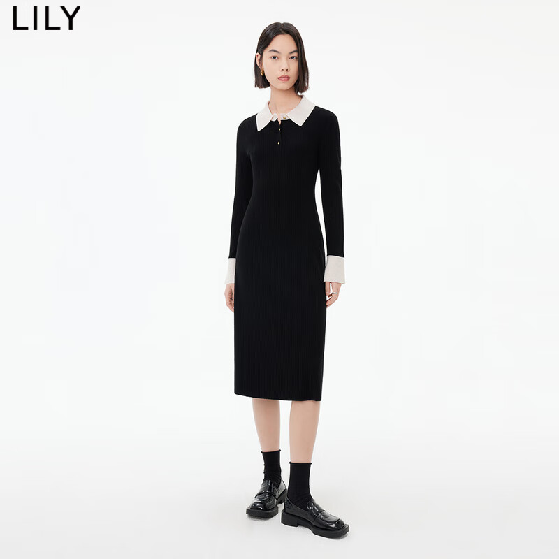 LILY2023秋新款女装含绵羊毛别致撞色长款修身针织连衣裙小黑裙女 510黑色 M