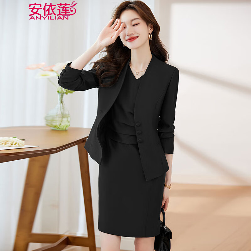 套装小西装女秋冬商务白领正装西服套裙酒店经理制服 黑色西装 连衣裙