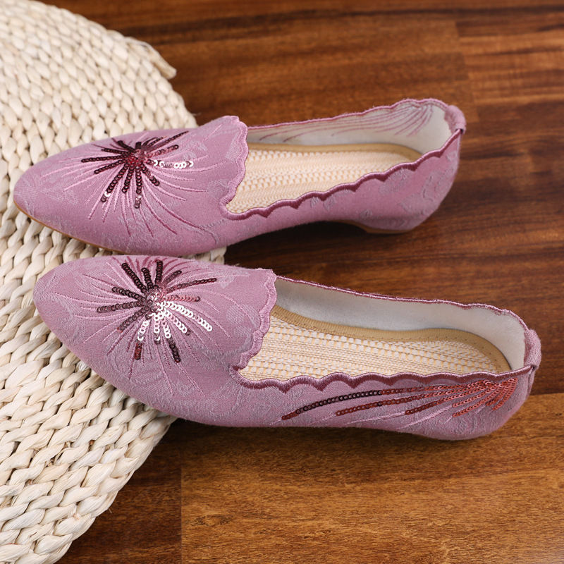 款老北京布鞋民族风绣花鞋尖头牛筋底古风汉服鞋百搭女单鞋 粉色千姿
