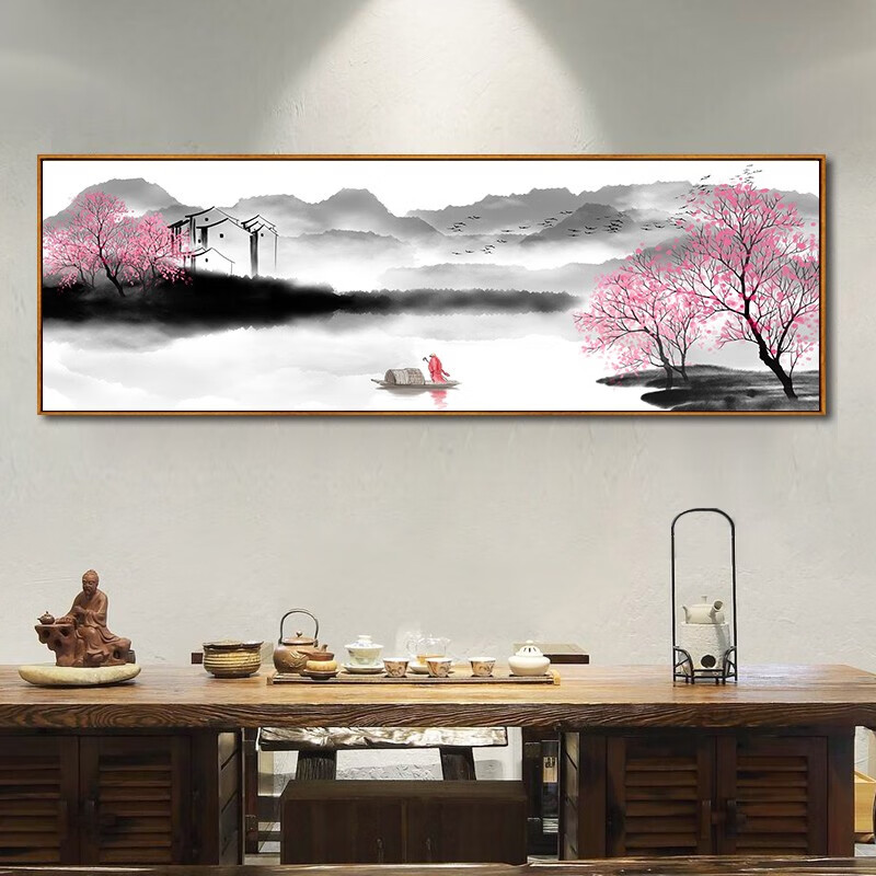 画新中式壁画横幅水墨山水画背景墙茶室字画餐厅墙壁挂画 01桃花源记