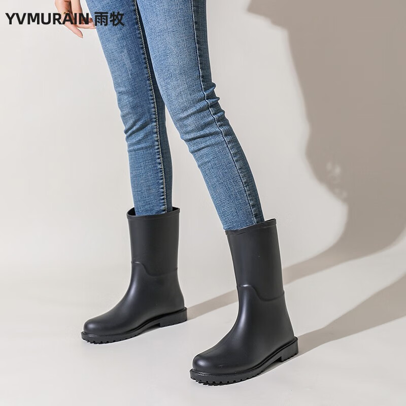 雨牧 经典款时尚中筒雨靴女式户外胶鞋防滑防水靴成人水鞋女雨鞋 黑色 37高性价比高么？