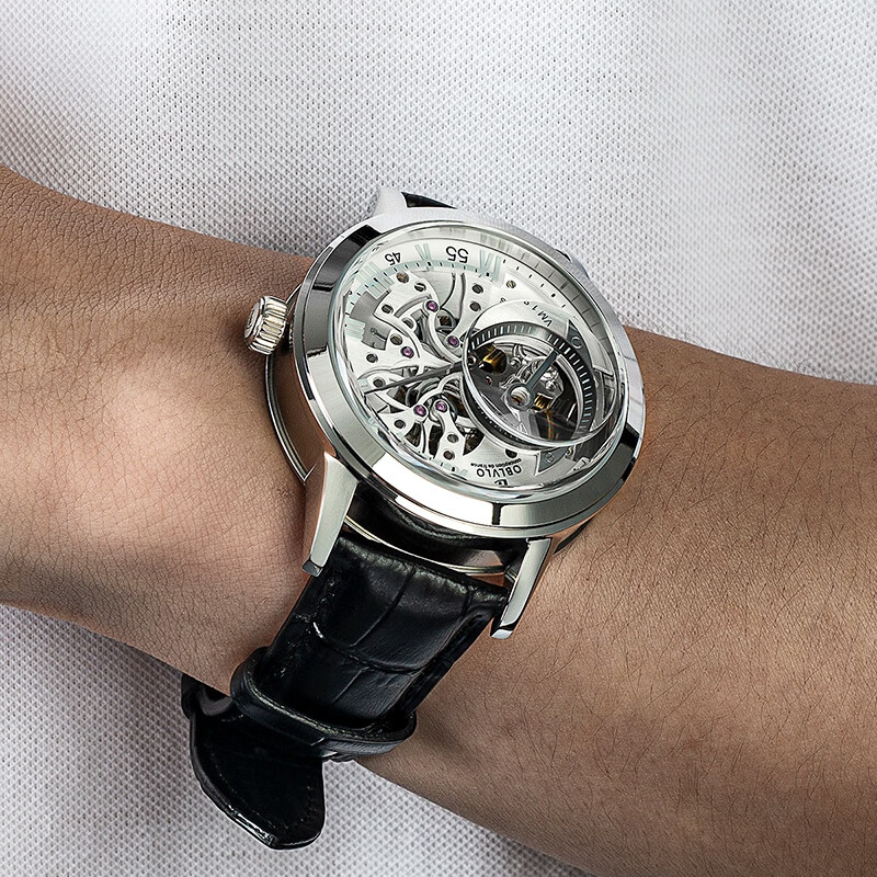 欧宝罗（OBLVLO）法国OBL全自动镂空机械表男十大品牌镂空手表运动复古男士 白壳白面黑带