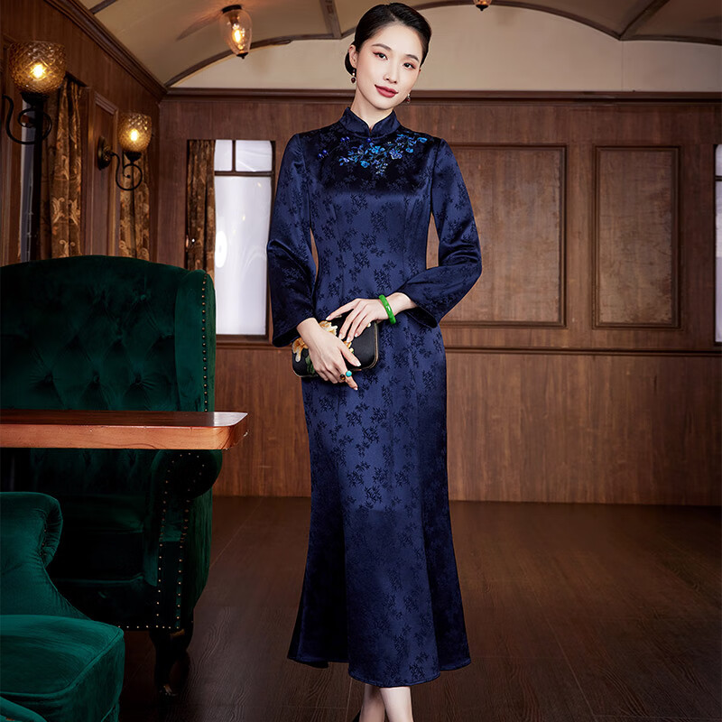 璽玥中國風(fēng)高端氣質(zhì)優(yōu)雅醋酸長(cháng)款旗袍連衣裙新中式魚(yú)尾裙禮服新年 藏青色 3XL (體重135~145)