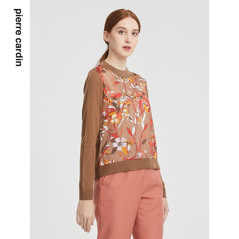 皮尔卡丹皮尔卡丹女装新款复古印花拼接羊毛针织衫 咖花 S 36A (建议体重50-55公斤)