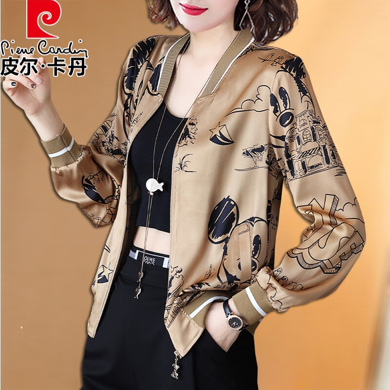 皮爾卡丹（pierre cardin）緞面真絲印花防曬短款外套2025夏裝新款休閑夾桑蠶絲棒球服女開衫 圖片色 S