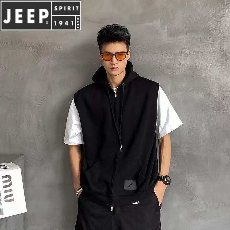 JEEP SPIRIT加肥加大碼300斤無袖衛(wèi)衣男女秋季潮牌寬松百搭連帽開衫背心馬甲 黑色 XL 136-165斤