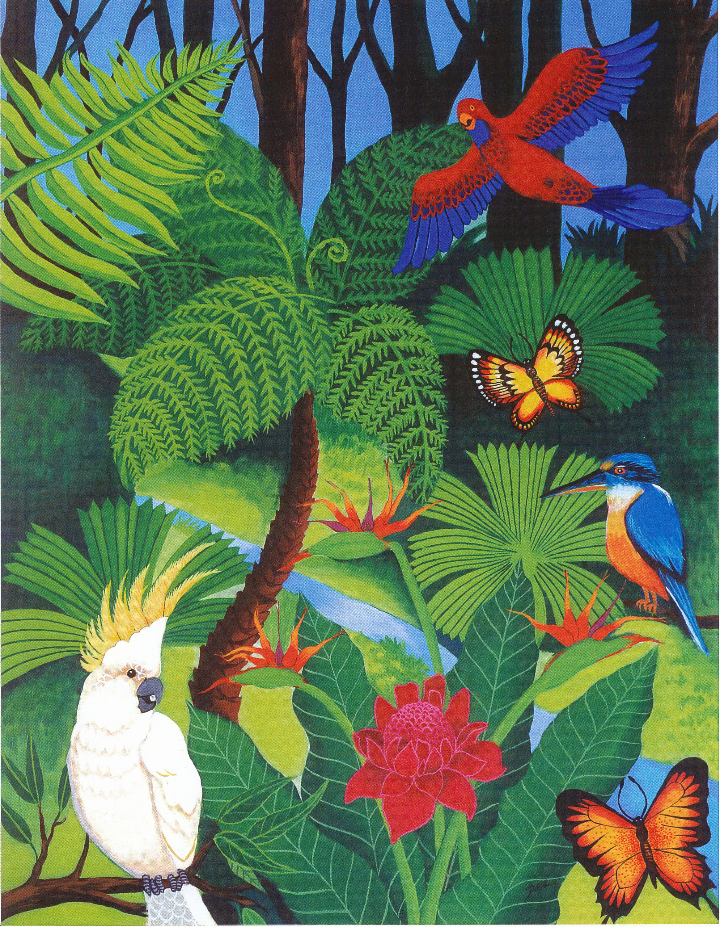 客厅彩色小鸟手绘油画玄关绿植鹦鹉装饰画多巴胺热带雨林花卉挂画