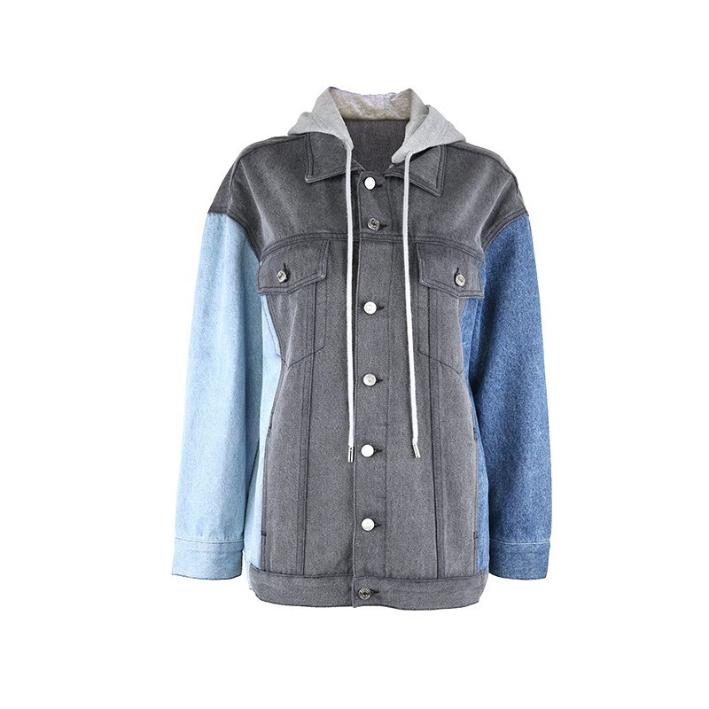SP-68牛仔外套女秋款灰蓝拼接牛仔连帽卫衣百搭宽松韩版水洗牛仔夹克 Y-NZ137 均码