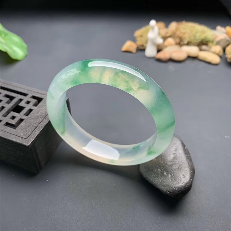 暗杠缅甸天然冰飘花贵妃兰半山半水翡翠玉镯戒面蛋面吊坠送女朋友