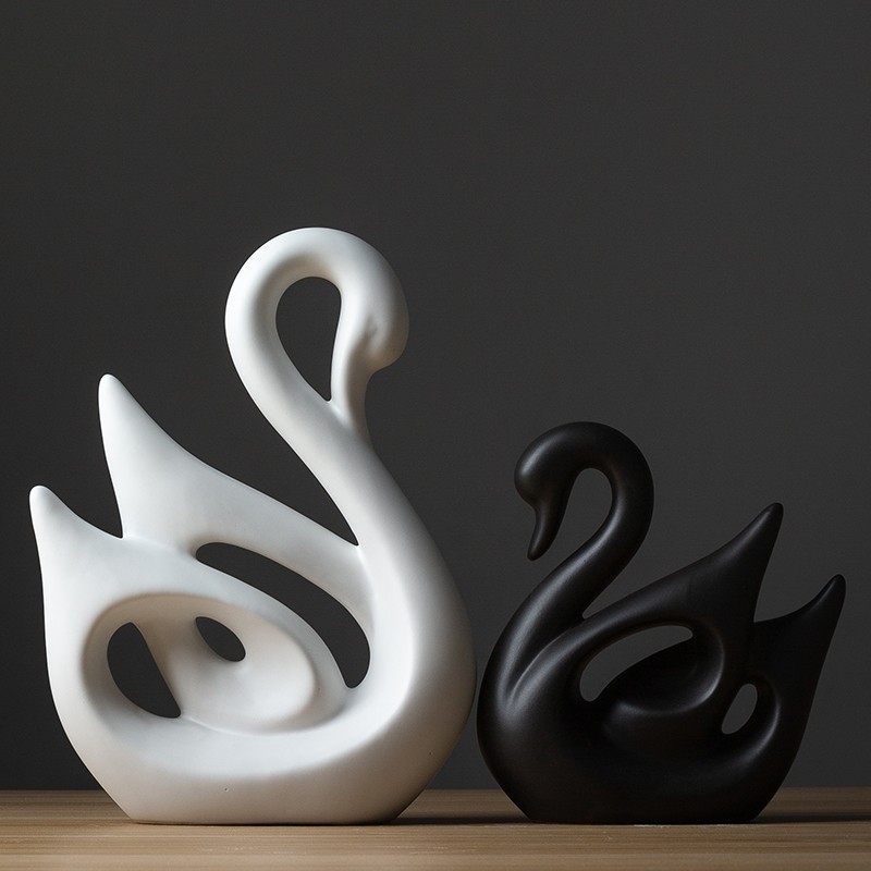 陶瓷摆件摆设 创意装饰品桌面电视柜酒柜摆件 北欧大白小黑天鹅套装