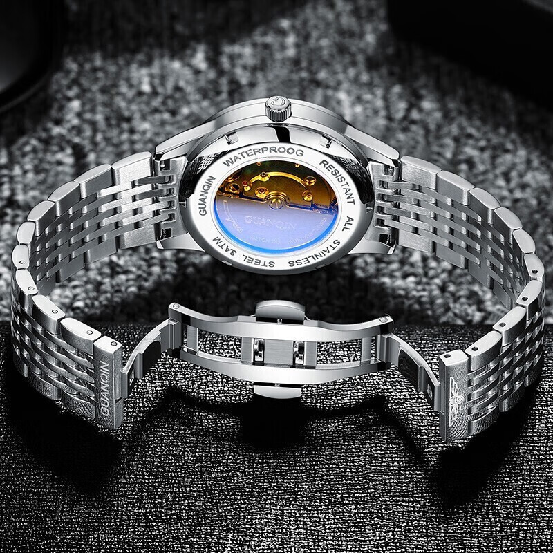 冠琴（GUANQIN） 名表 新款手表男士全自动机械商务休闲防水夜光男表精钢时尚简约 冠琴 16221精钢黑面 免费刻字