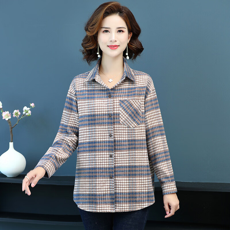 东品良衣春夏季老年衣服女50-60岁衬衫妈妈穿的衬衣中年人格子女长袖