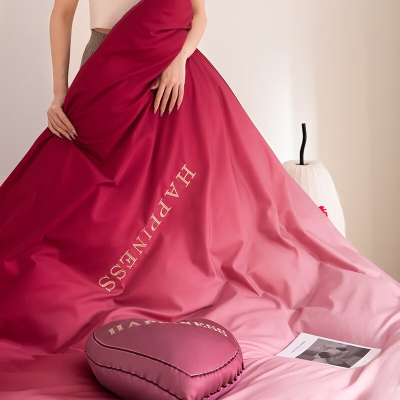 拉丁夫人渐变红婚庆结婚纯棉床上四件套全棉刺绣被套床单床笠喜庆婚房床品 恩爱一生 四件套2.0m床单款-被套220*240cm