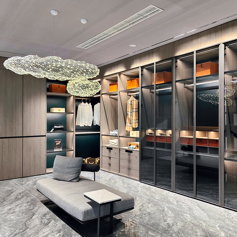 飞美家具极简轻奢风定制整体衣帽间铝框玻璃门开放式步入式l型一字型