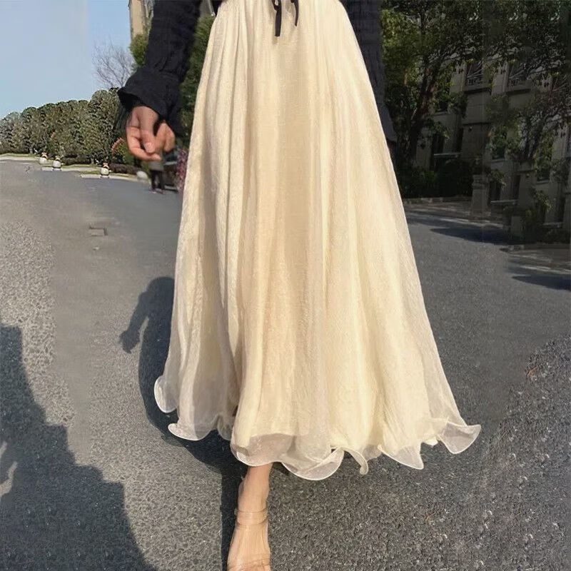 嗯嗯貓半截裙夏天少女半身裙沙沙裙小個(gè)子女生仙女8米大擺波浪邊時(shí)尚 香檳金 XS 裙長(zhǎng)75cm(身高150-154