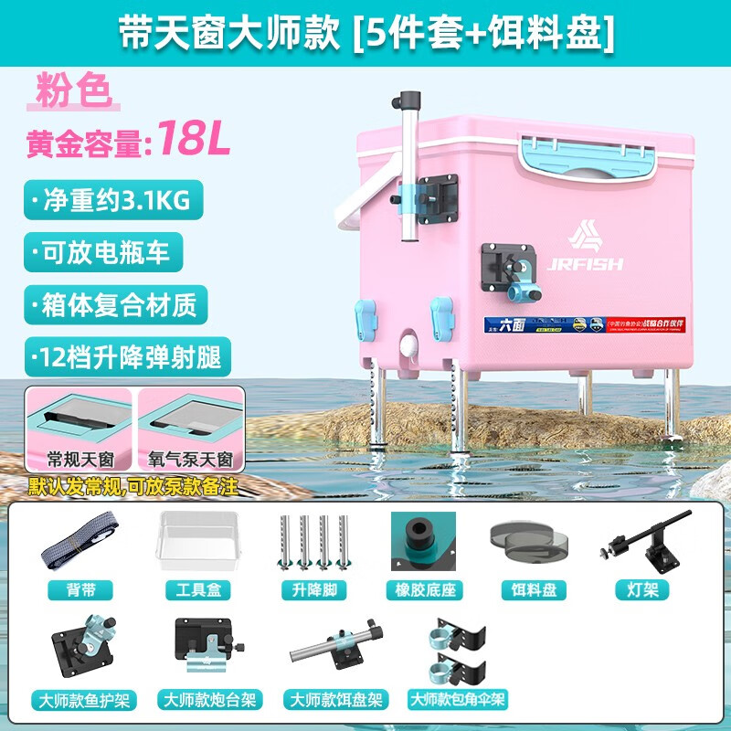 江流魚江流魚新款粉色13升18升mini迷你超輕便保溫野釣魚箱多功能小釣箱 18L 粉天窗（大師5件套+餌料盤）