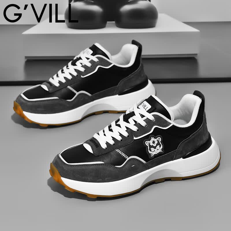 贵之步G'VILL 男鞋春秋季2024新款真皮潮流百搭老爹鞋子跑步运动休闲鞋 黑灰 42